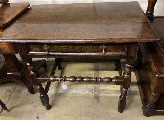 A late 17th century oak side table, fitted with a single drawer, width 88cm, depth 55cm, height 72cm